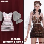 LIN-DIAN Huge puff sleeve herringbone dress short skirt