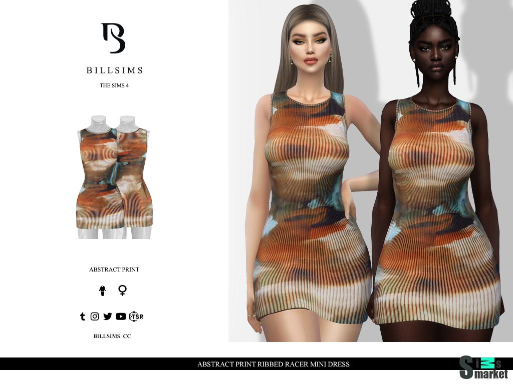 Abstract Print Ribbed Racer Mini Dress (TS4) для Симс 4. Скачать мод