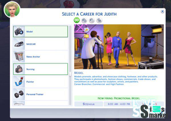 Карьера "модель"  Многие мечтают о карьере модели с детсва, теперь у ваших симов появится уникальная возможность реализовать ваши мечты!  Модель – это человек, демонстрирующий товары или позирующий дл для Симс 4. Скачать мод