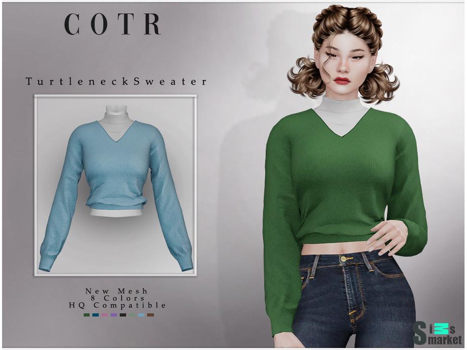 Комплект из водолазки, блузки и свитера с высоким воротником для Симс 4. Скачать мод