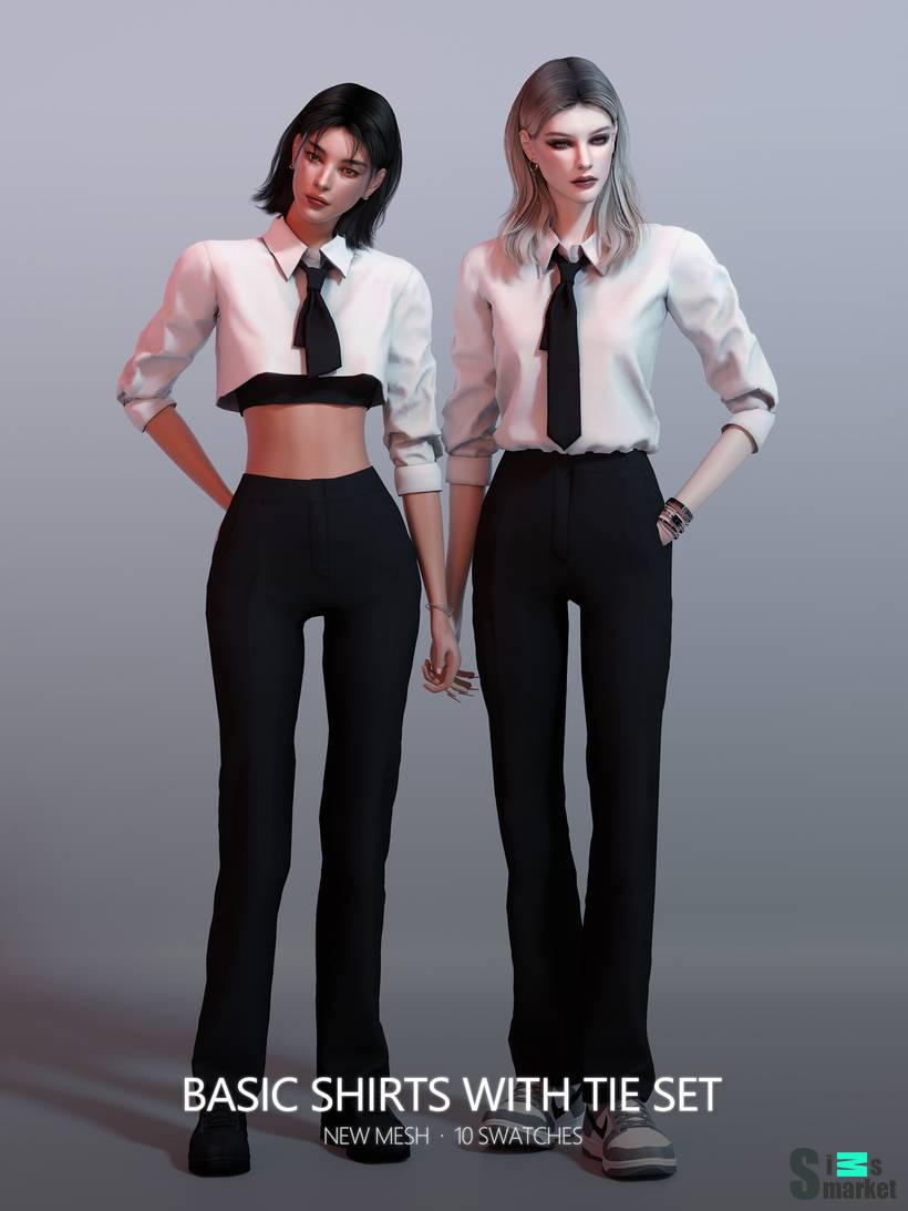 Комплект одежды для симочек "Basic Shirts With Tie Set" для Симс 4 для Симс 4. Скачать мод