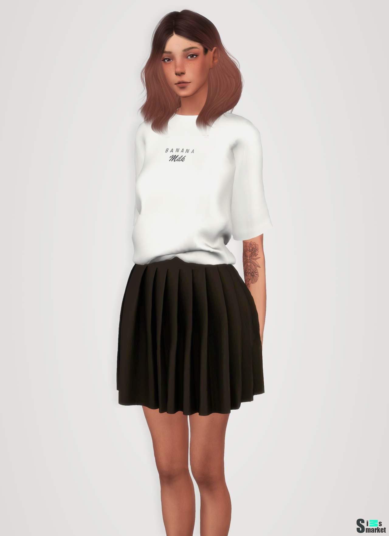 Комплект одежды "Loose Graphic Tee & Pleated Skirt" для Симс 4 для Симс 4. Скачать мод