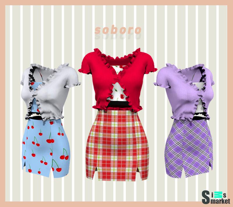 Костюм Cute Ruffle Cardigan Slit Skirts by soboro для Симс 4. Скачать мод