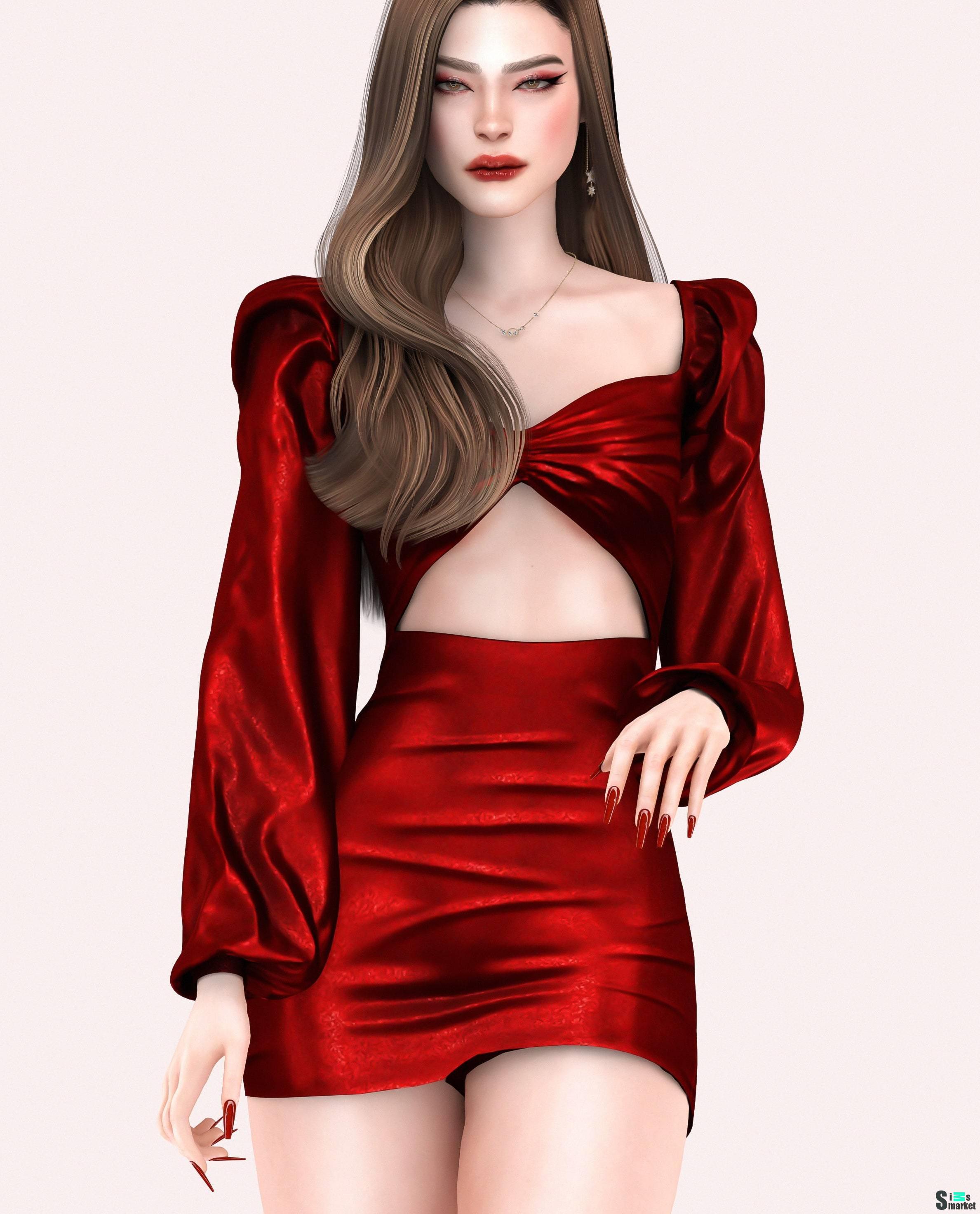 Красное платье с пышными рукавами. для Симс 4. Скачать мод