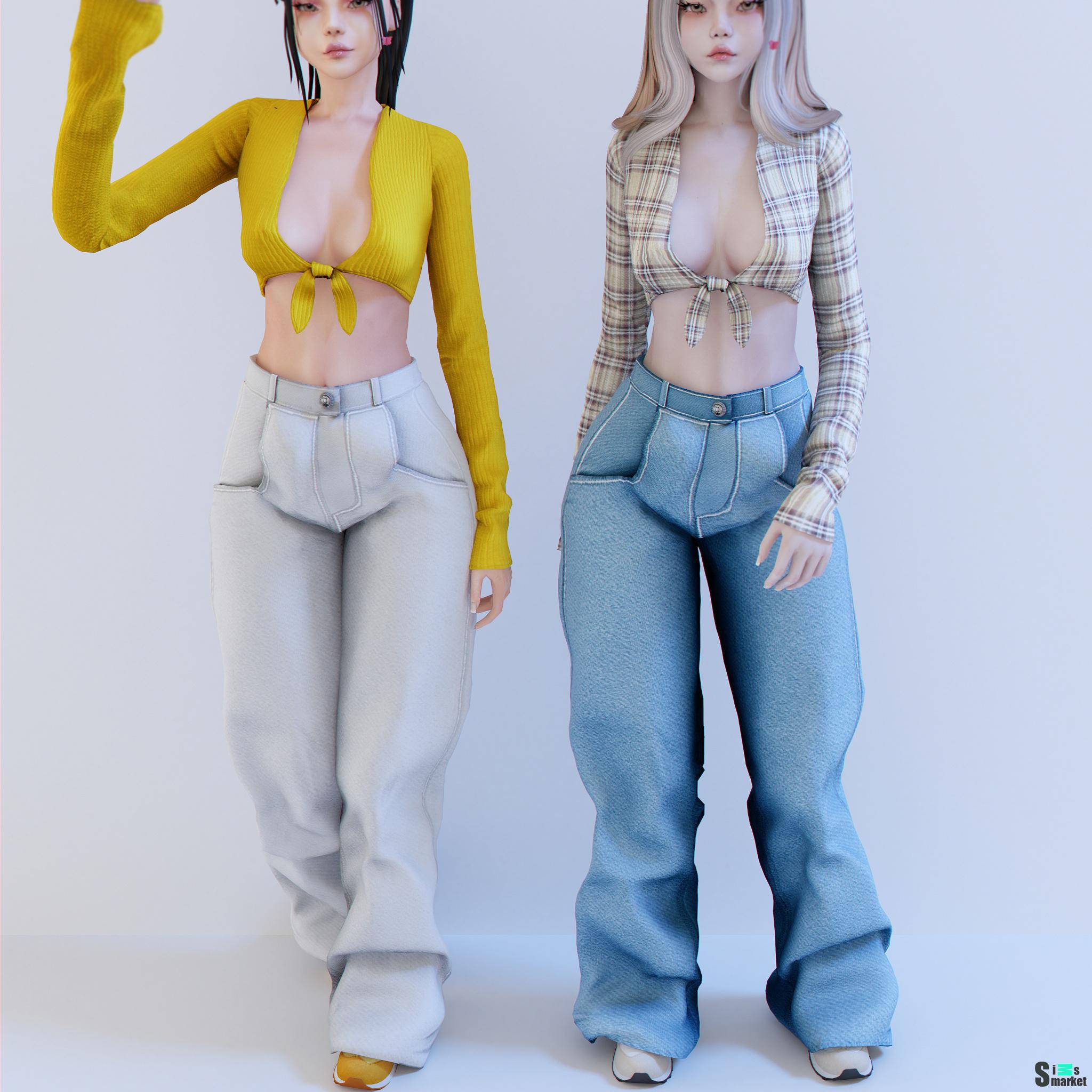 Kumara sleeve top / corderoy jeans by Babyetears для Симс 4. Скачать мод