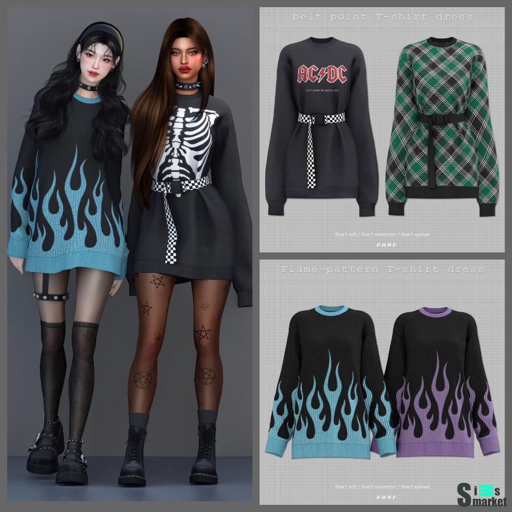 Набор из двух женских свитеров "belt-point t-shirt dress" для Симс 4 для Симс 4. Скачать мод