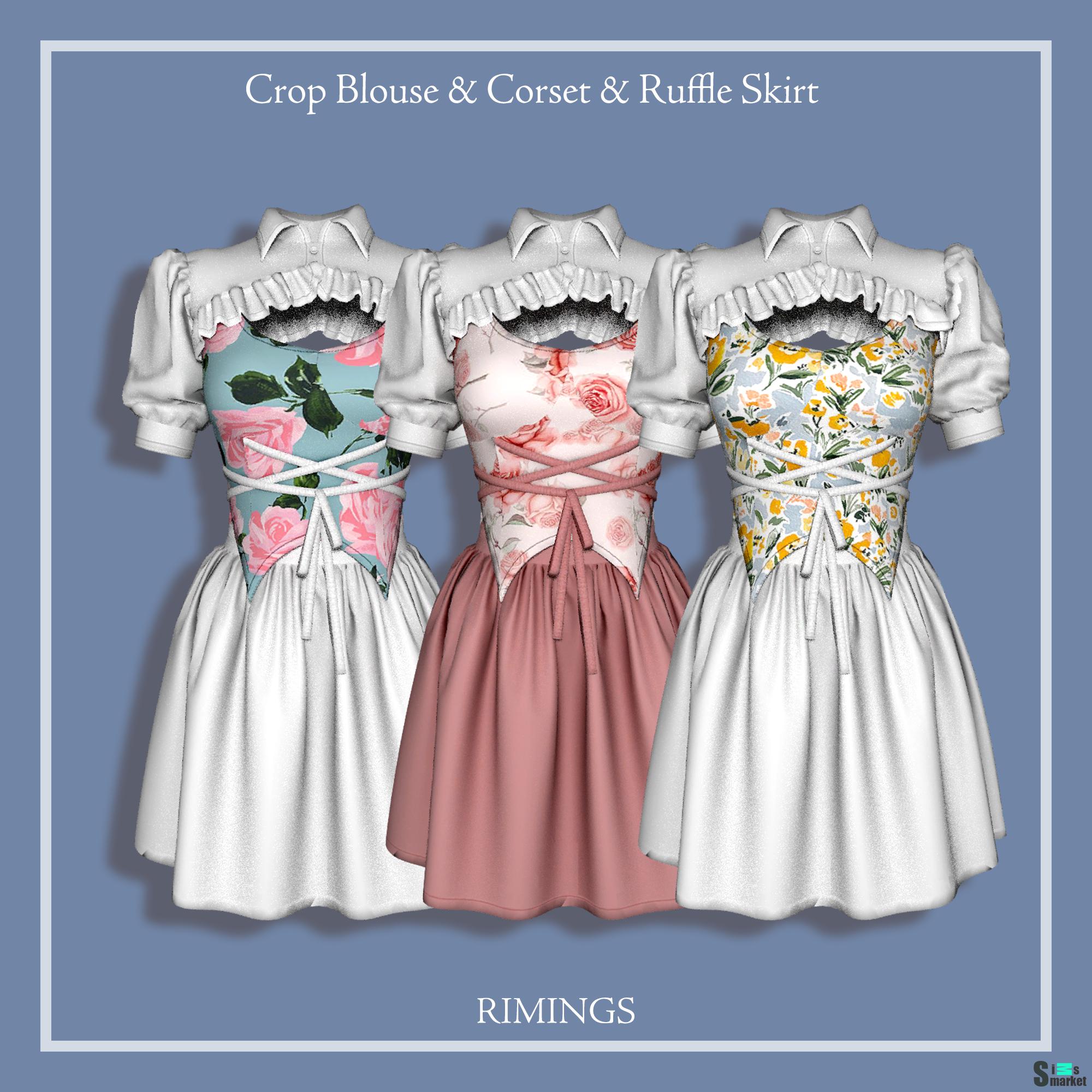 Платье Crop Blouse & Corset & Ruffle Skirt by RIMINGS для Симс 4. Скачать мод