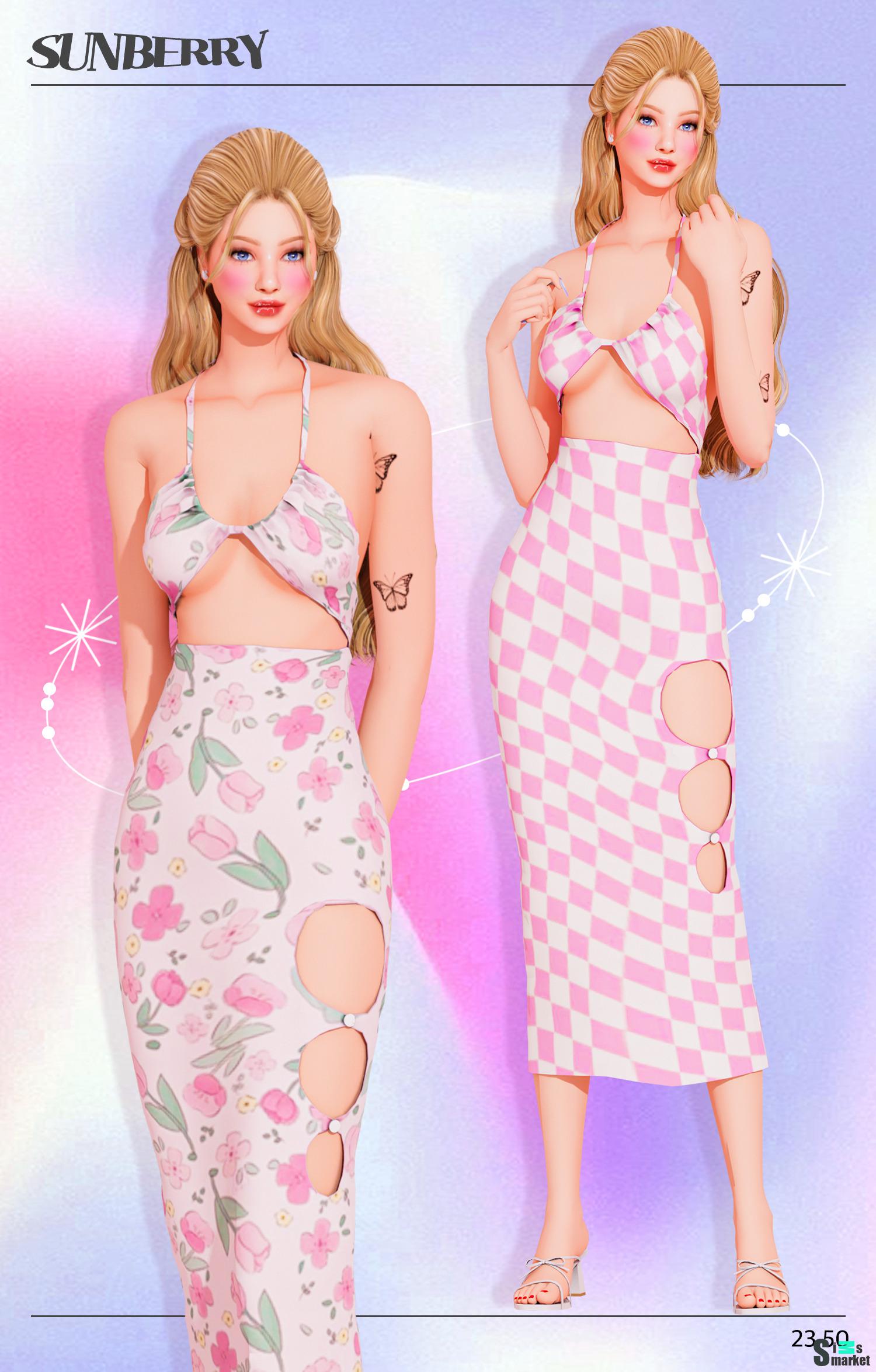 Платье для симочек "Pattern open midi dress" для Симс 4. Скачать мод