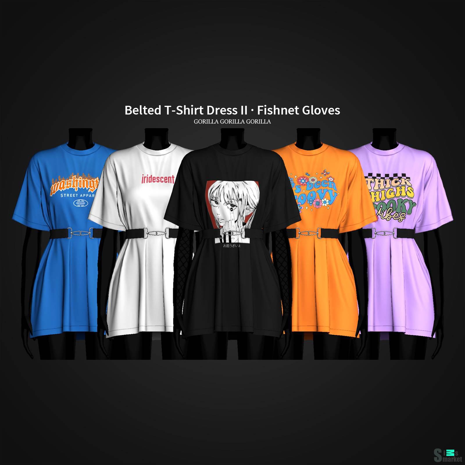 Платье и перчатки "Belted T-Shirt Dress II And Fishnet Gloves" для Симс 4 для Симс 4. Скачать мод