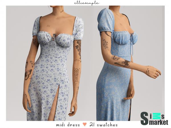Платье midi by elliesimple для Симс 4. Скачать мод