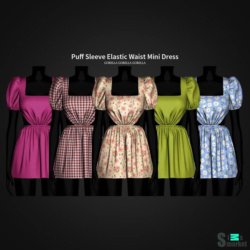 Платье "Puff Sleeve Elastic Waist Mini Dress" для Симс 4 для Симс 4. Скачать мод
