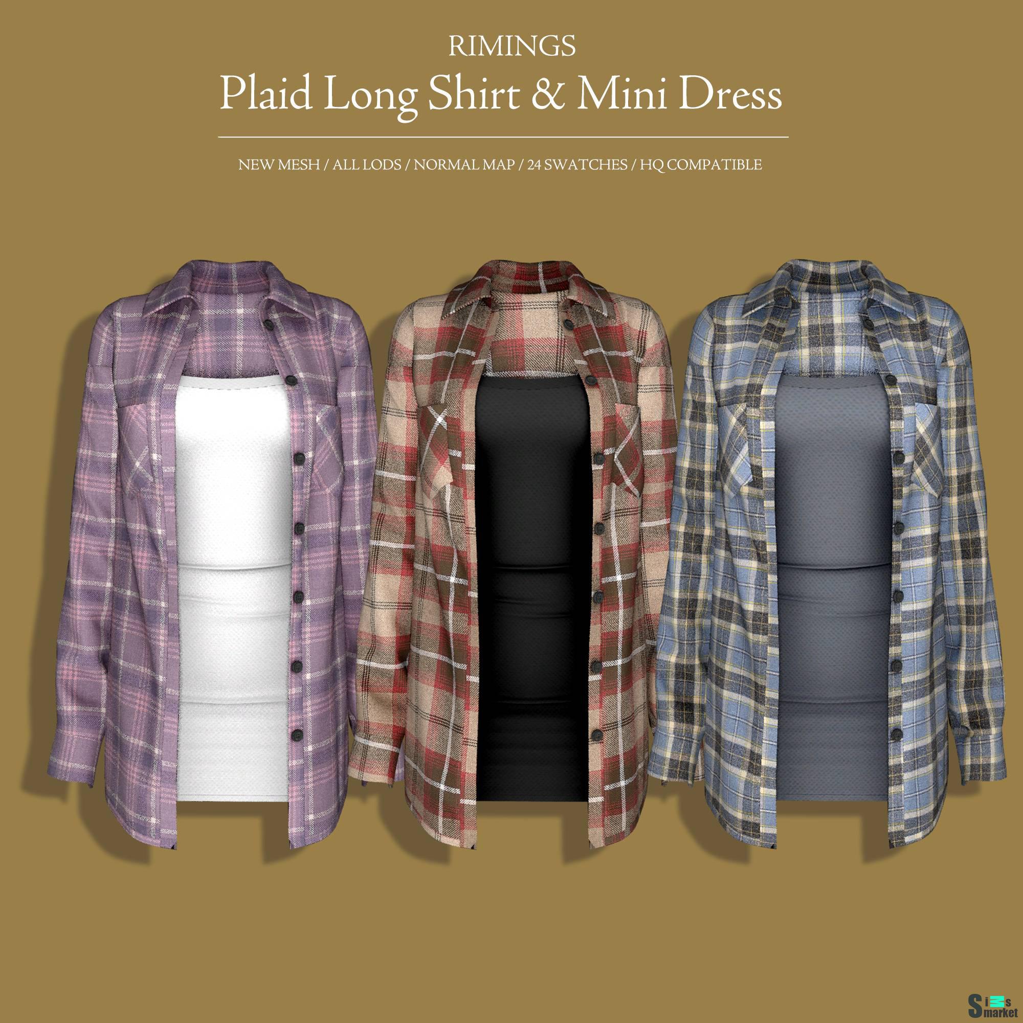 Платье с рубашкой для симочек "Plaid Long Shirt And Mini Dress" для Симс 4 для Симс 4. Скачать мод