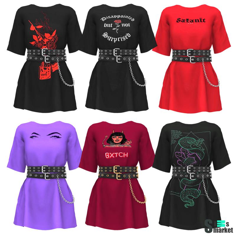 Подпоясанное платье-футболка для Симс 4. Скачать мод