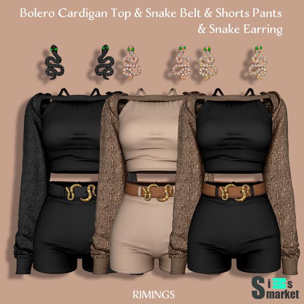 [RIMINGS] Bolero Cardigan Top & Snake Belt & Earring для Симс 4. Скачать мод