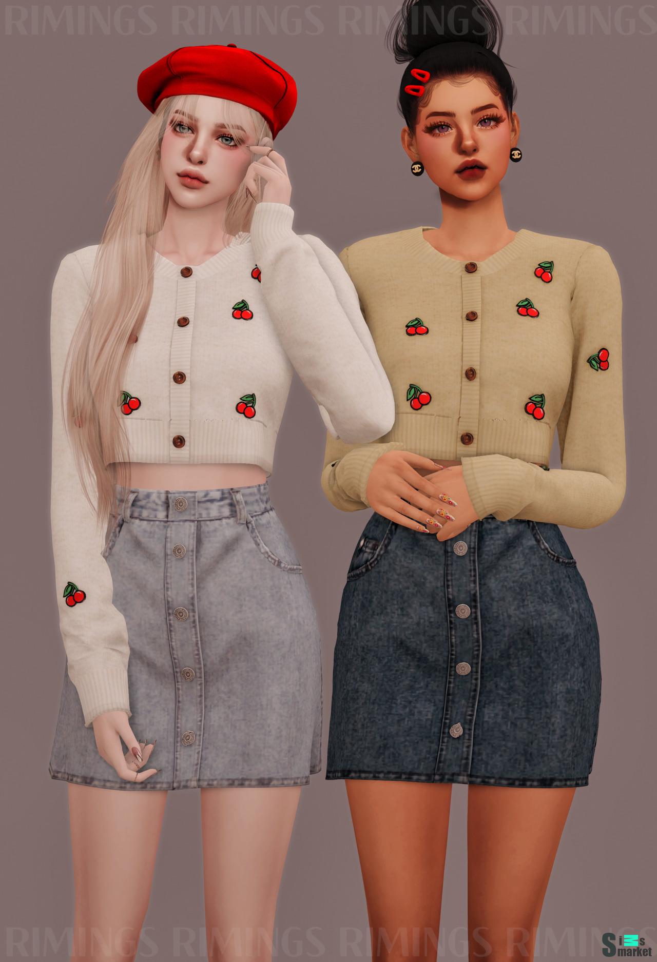 [rimings] cherry patch crop cardigan & high-waist mini d для Симс 4. Скачать мод