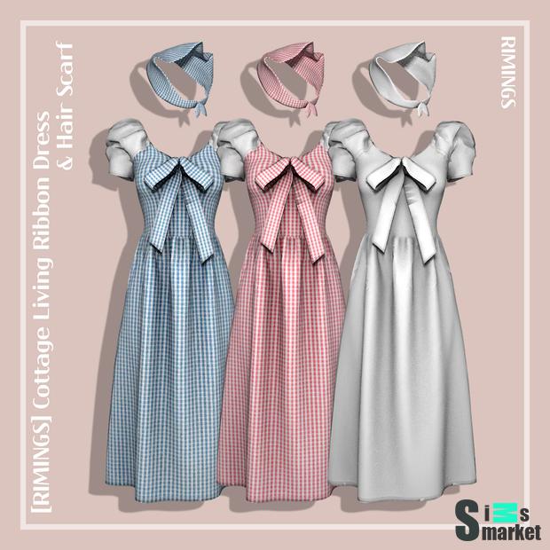 [RIMINGS] Cottage Living Ribbon Dress & Hair Scarf для Симс 4. Скачать мод