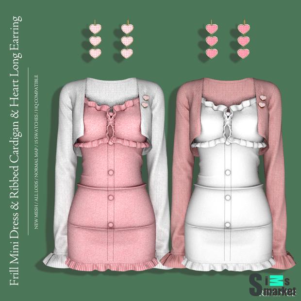 [RIMINGS] Frill Mini Dress & Ribbed Cardigan & Earring для Симс 4. Скачать мод