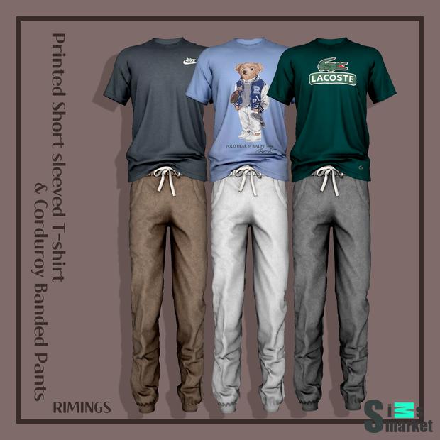 [RIMINGS] Printed Short sleeved T-shirt & Corduroy Banded Pants для Симс 4. Скачать мод