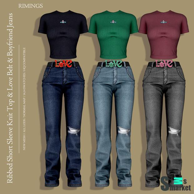 [RIMINGS] Ribbed Short Sleeve Knit Top & Love Belt & Boyfriend Jeans для Симс 4. Скачать мод