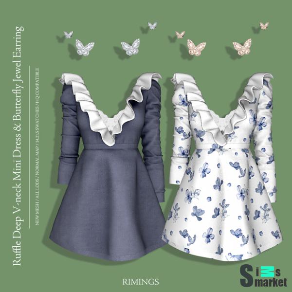 [RIMINGS] Ruffle Deep V-neck Mini Dress & Butterfly Jewel Earring для Симс 4. Скачать мод