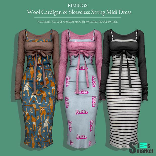 [RIMINGS] Wool Cardigan & Sleeveless String Midi Dress для Симс 4. Скачать мод