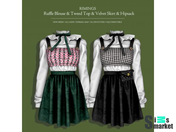 Ruffle Blouse & Tweed Top & Velvet Skirt & Hipsack от [RIMINGS] для Симс 4. Скачать мод