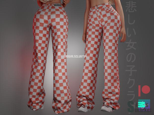 SAD GIRLS CLUB ♡ 赤い四角いジーンズ red rook checkered jeans для Симс 4. Скачать мод