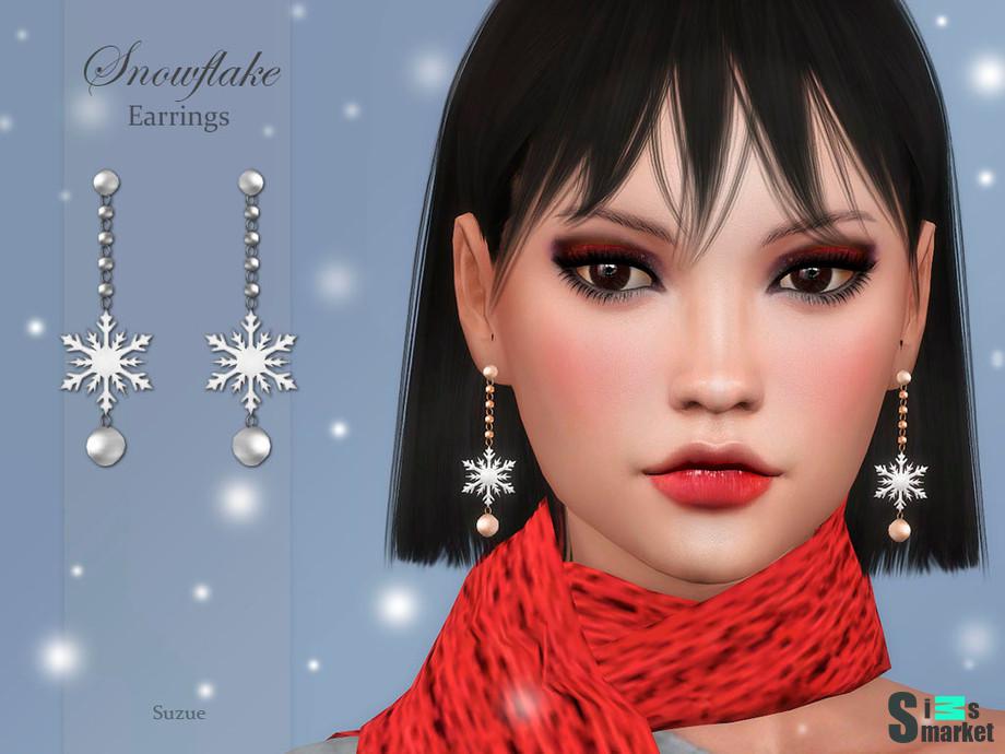 Серьги Snowflake by Suzue для Симс 4. Скачать мод