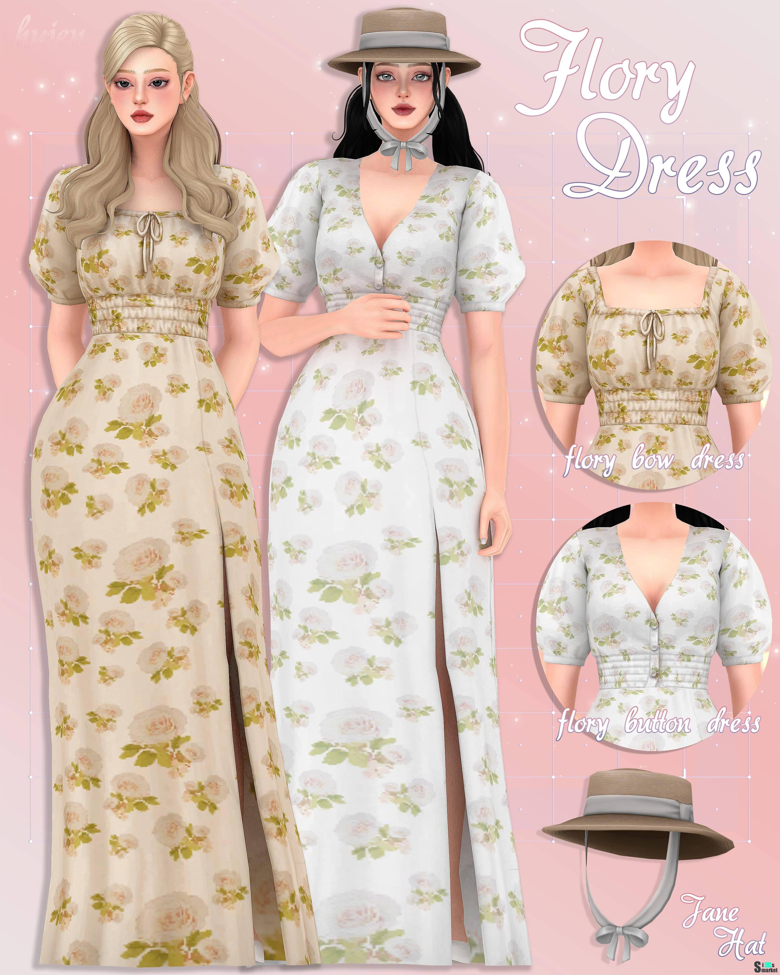 Сет для симочек "Flory Dress + Jane Hat" для Симс 4 для Симс 4. Скачать мод