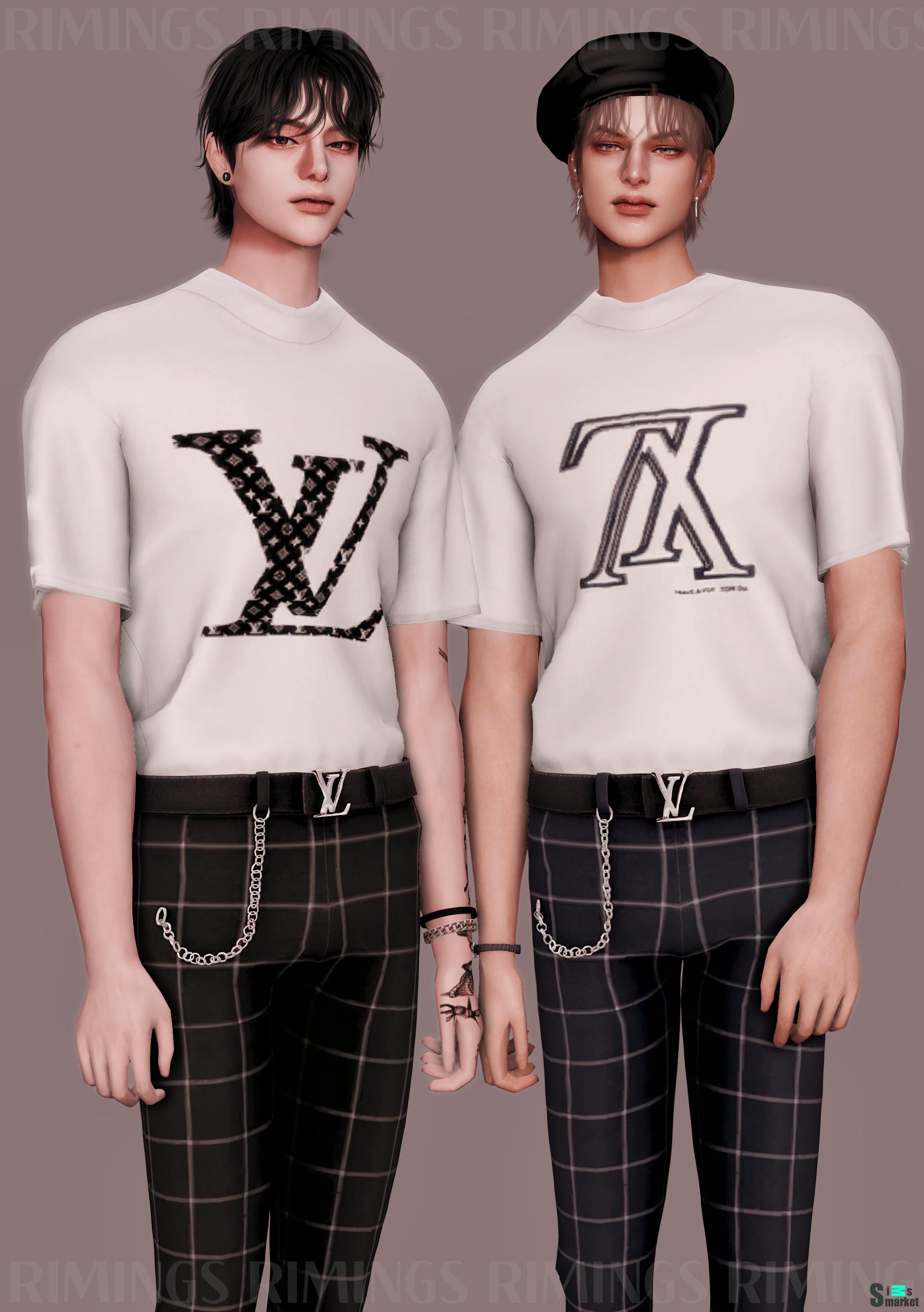 Short-sleeved Basic T-shirt & Belt & Chain Slim Fit Pants by RIMINGS для Симс 4. Скачать мод