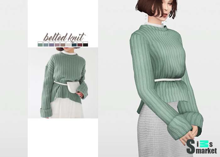 Свитер "Belted Knit" для Симс 4 для Симс 4. Скачать мод