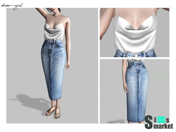 свободный атласный топ - длинная джинсовая юбка для Симс 4. Скачать мод