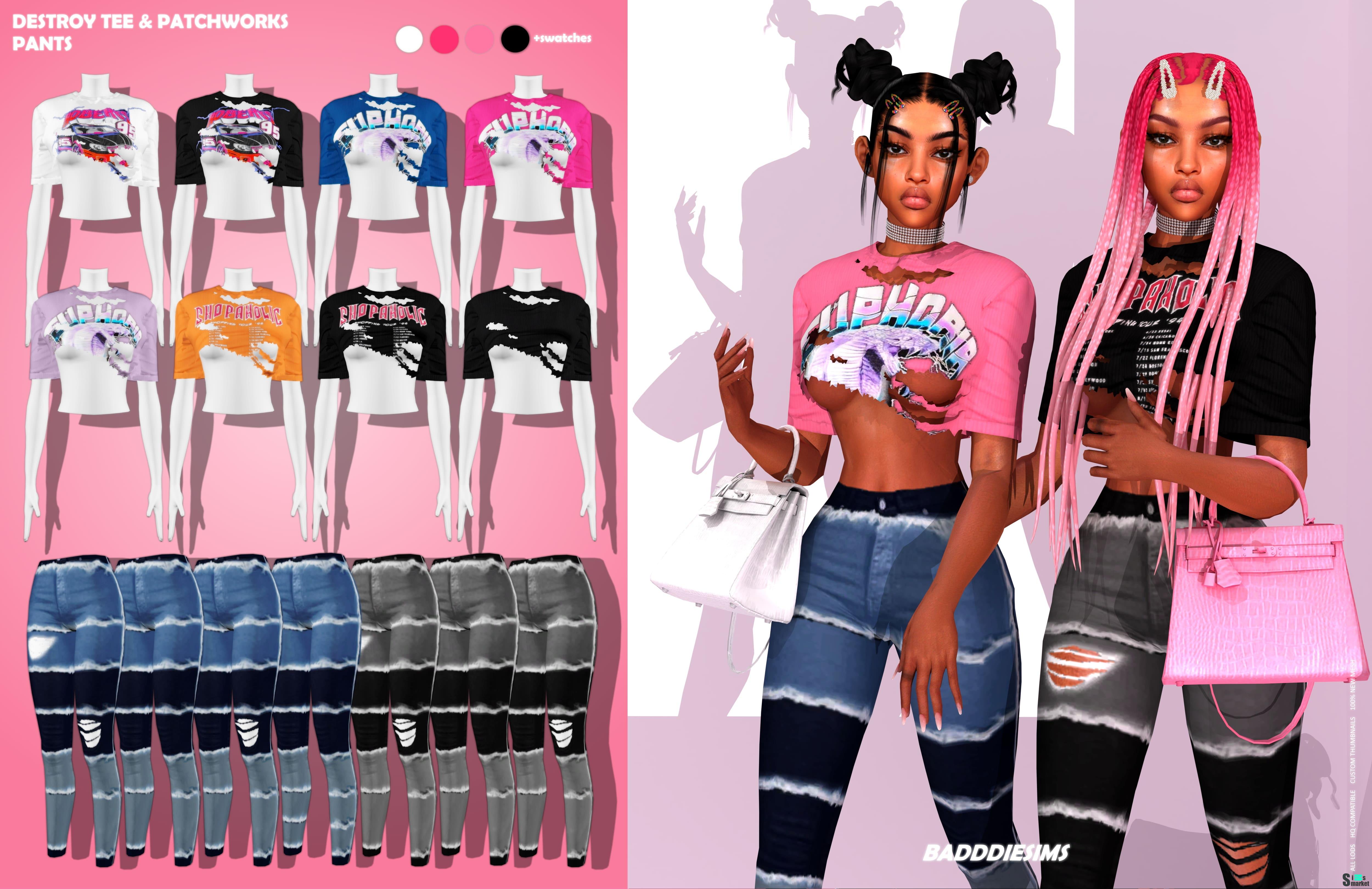 Топ и джинсы TEE by  BADDDIESIMS для Симс 4. Скачать мод