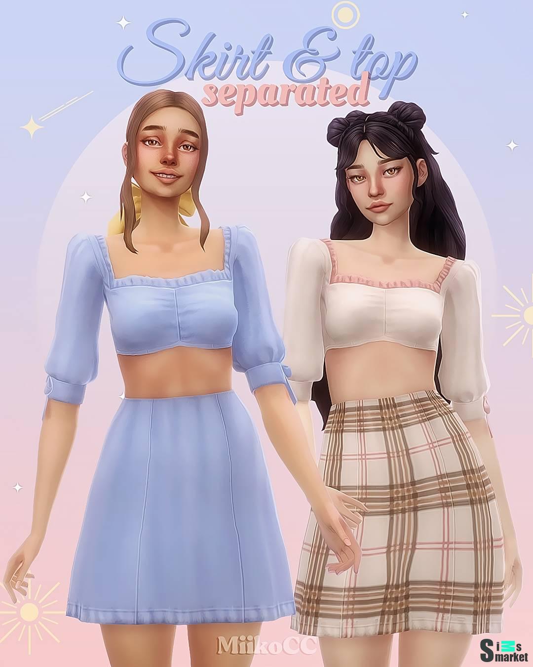 Топ и юбка "Puff-sleeve crop top & A-line skirt" для Симс 4 для Симс 4. Скачать мод