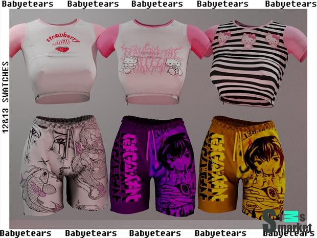 Топ и шорты Hello Kitty by ♡ B a b y e t e a r s ♡ для Симс 4. Скачать мод