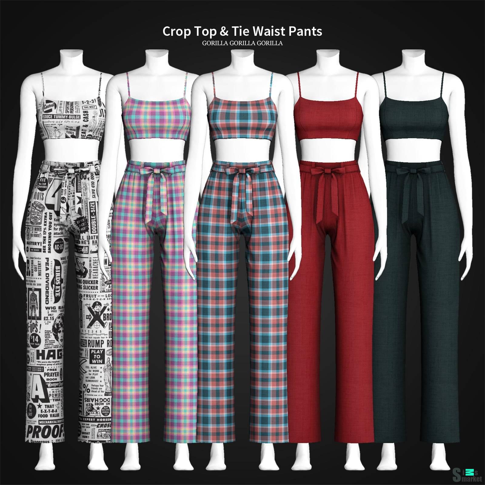 Топ и штаны "Crop Top And Tie Waist Pants" для Симс 4. Скачать мод
