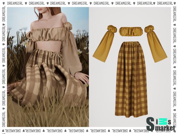 топ с резинкой и юбка с клетку для Симс 4. Скачать мод