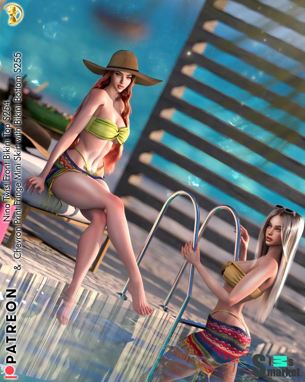 [turksimmer] Nina Chevron Print Fringe Mini Skirt with Bikini Bottom S255 - VIP_Patreon для Симс 4. Скачать мод