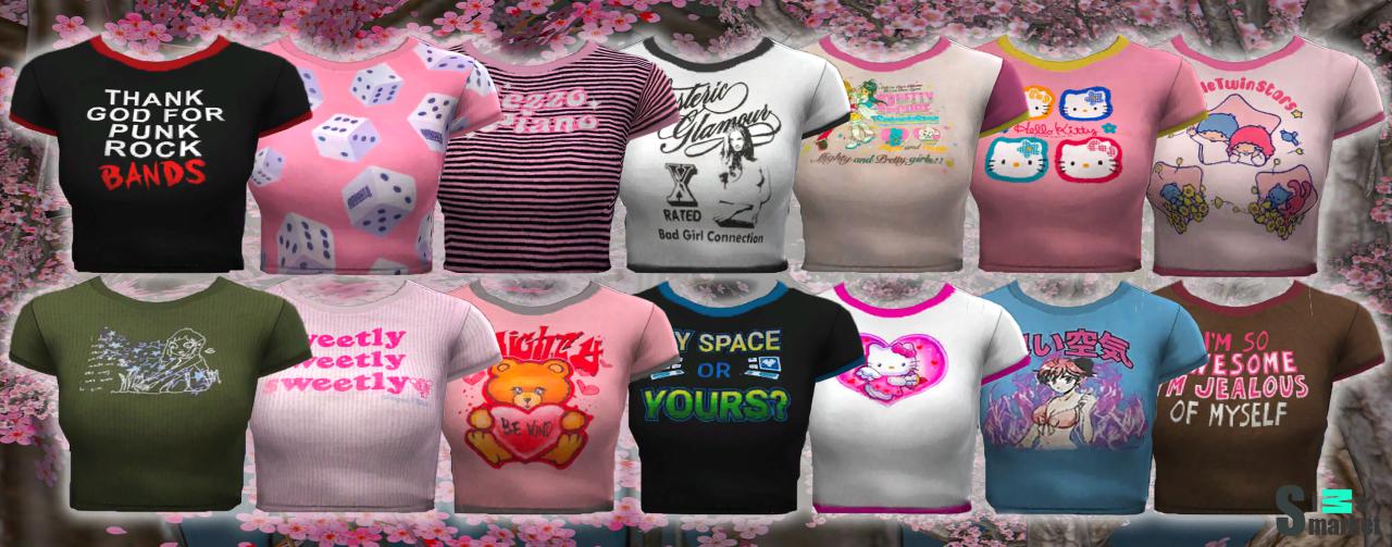 two recolors: @peachpitsims tee and @nucrests для Симс 4. Скачать мод