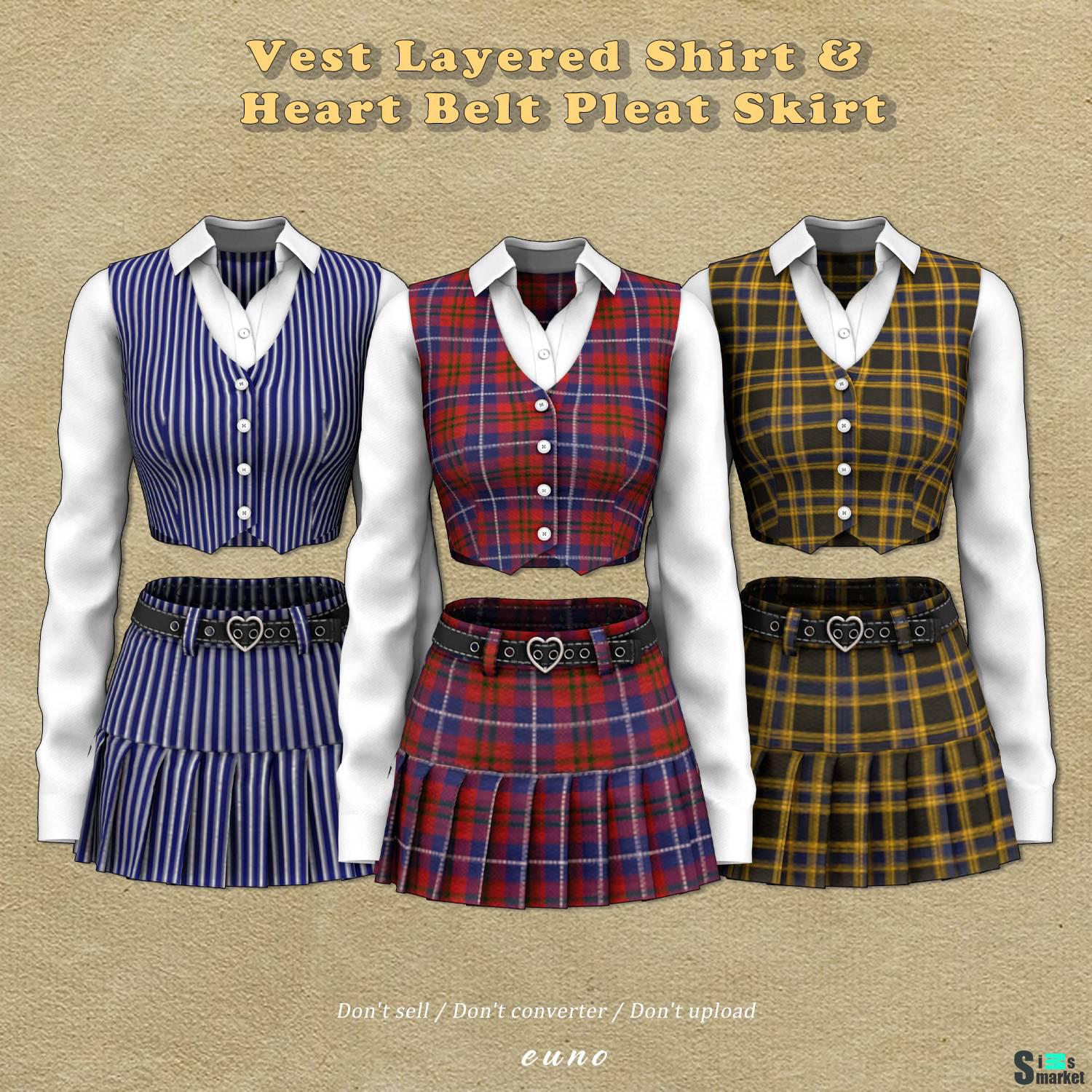Женский костюм "Vest Layered Shirt And Heart Belt Pleat Skirt" для Симс 4 для Симс 4. Скачать мод  Женский костюм "Vest Layered Shirt And Heart Belt Pleat Skirt" для Симс 4 для Симс 4. Скачать мод