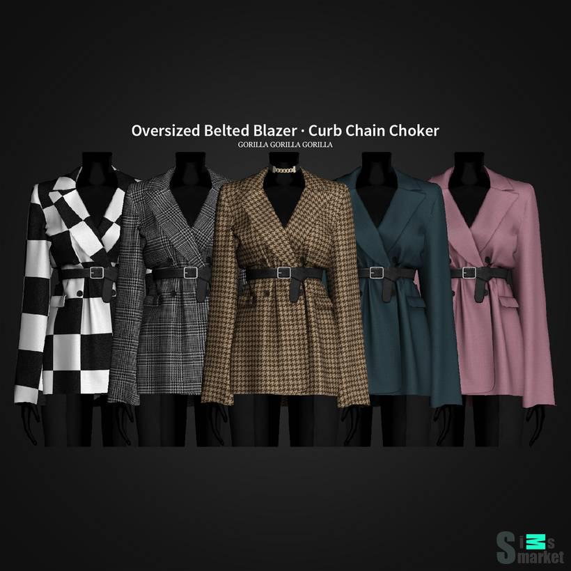 Женский пиджак и чокер "Oversized Belted Blazer And Curb Chain Choker для Симс 4. Скачать мод