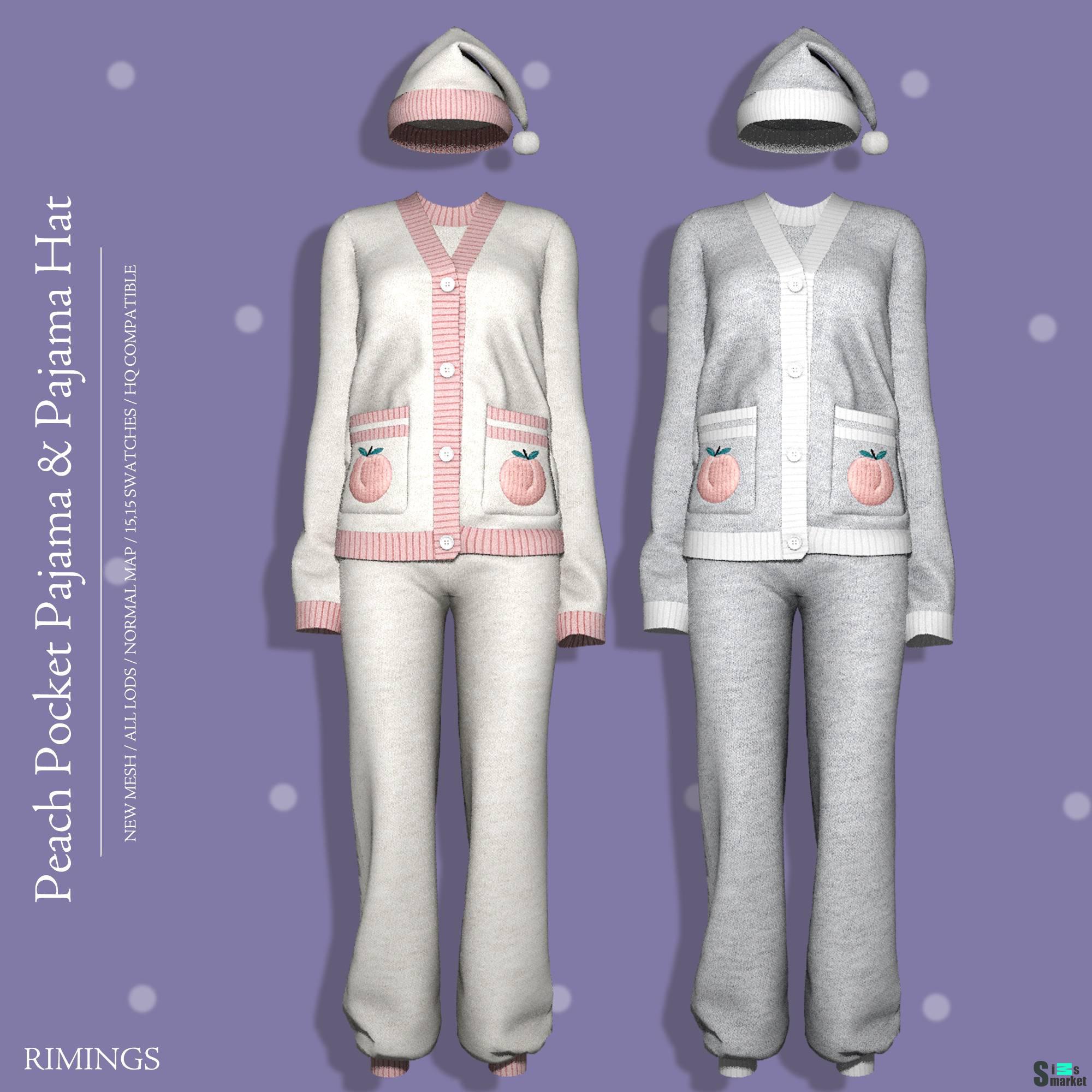 Зимняя пижама для симочек "Peach Pocket Pajama And Pajama Hat" для Симс 4 для Симс 4. Скачать мод