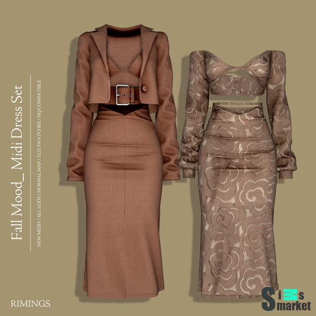 Набор одежды  "[RIMINGS] Fall Mood _Midi Dress Set"-для Симс 4 для Симс 4. Скачать мод