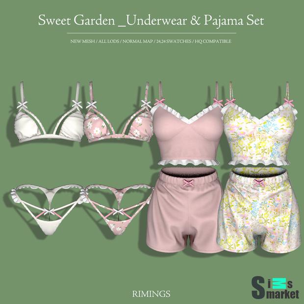 Набор одежды "[RIMINGS] Sweet Garden _Underwear & Pajama Set"-для Симс 4 для Симс 4. Скачать мод