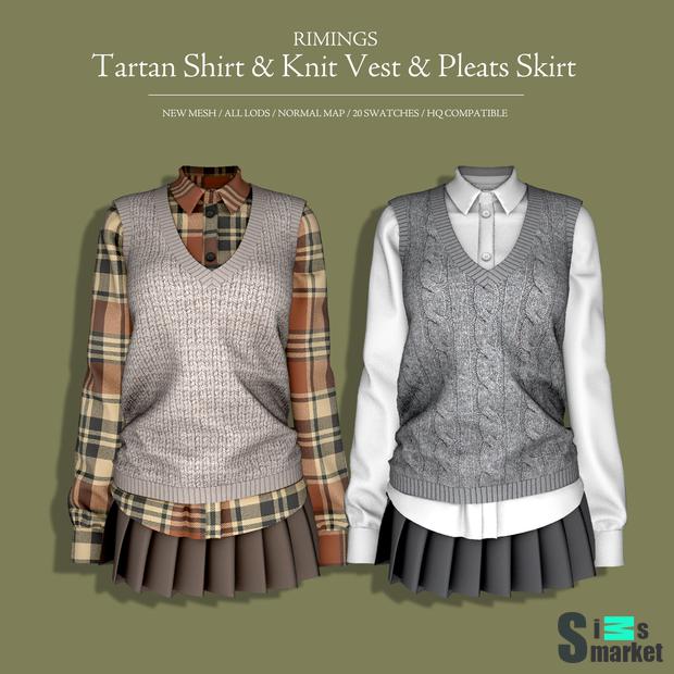 Набор одежды  "[RIMINGS] Tartan Shirt & Knit Vest & Pleats Skirt"-для Симс 4 для Симс 4. Скачать мод