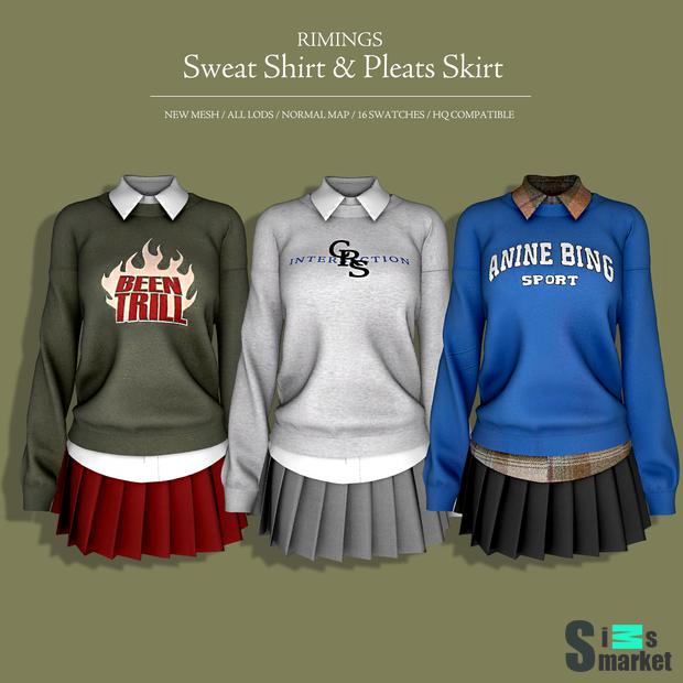 Наряд "[RIMINGS] Sweat Shirt & Pleats Skirt"-для Симс 4 для Симс 4. Скачать мод