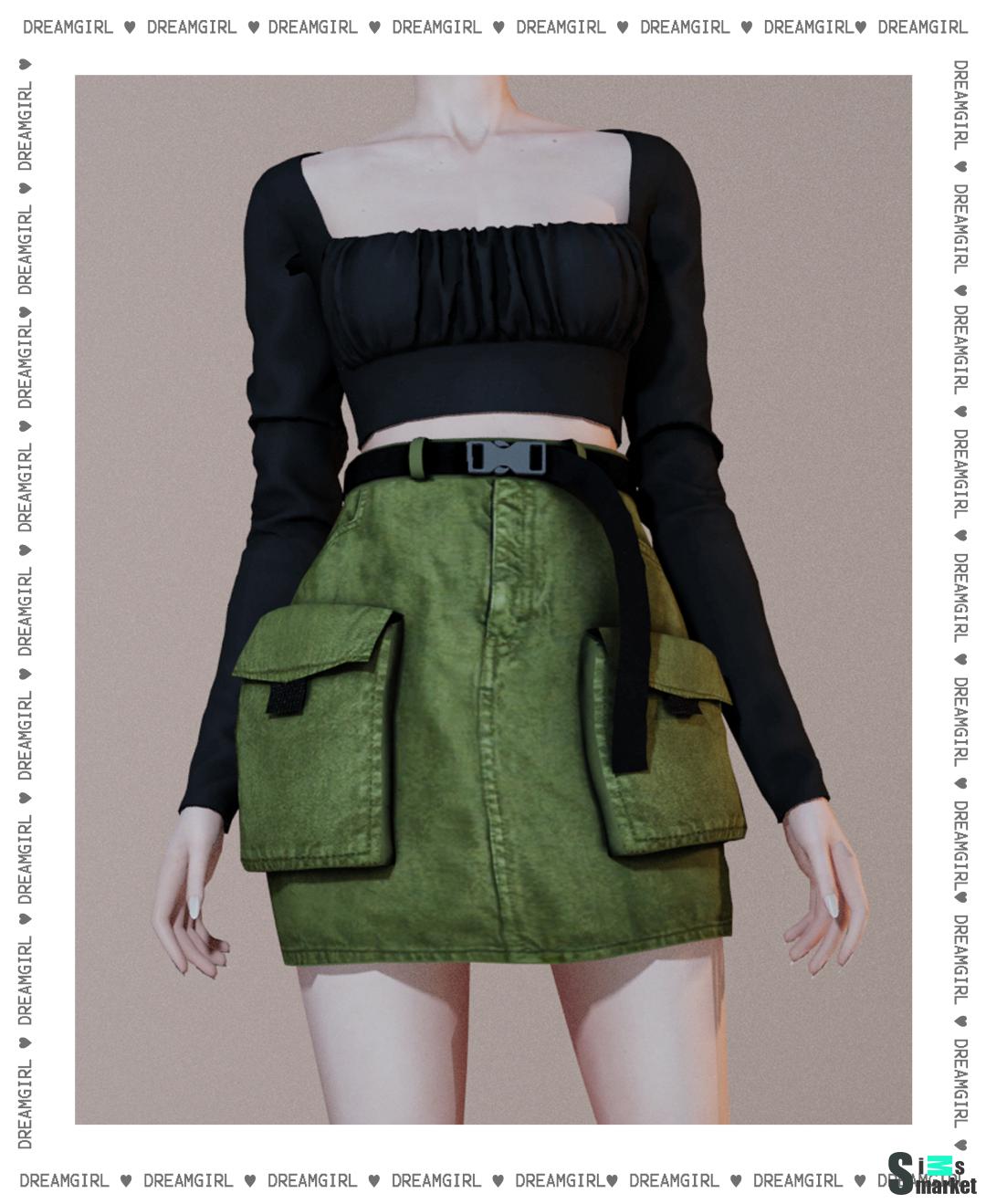 RUCHED LONG SLEEVE ・BELT UTILITY SKIRT для Симс 4. Скачать мод