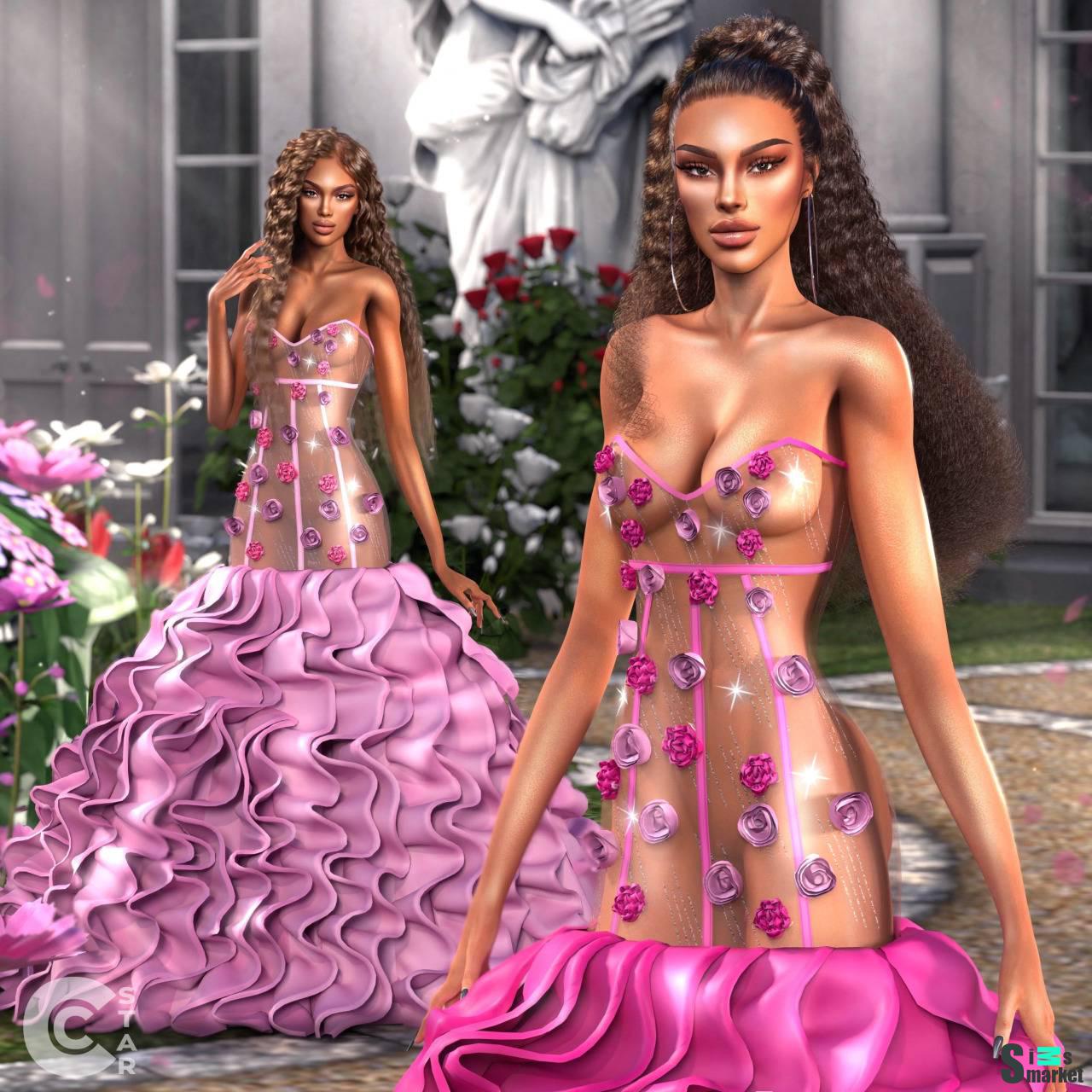 Вечернее платье "Floral Gown with Layered Tulle Train" для Симс 4. Скачать мод