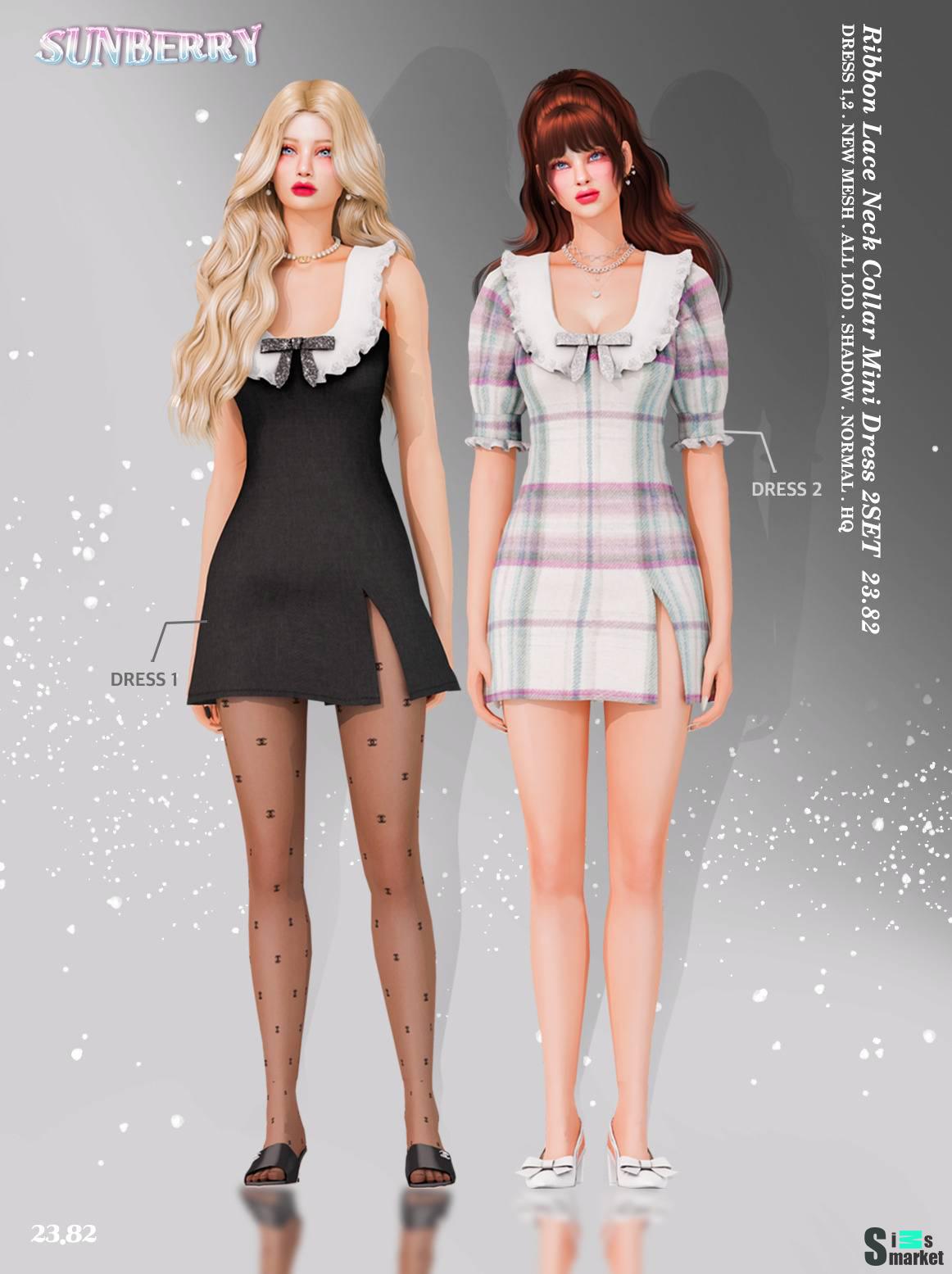 Платья "Ribbon Lace Neck Collar Mini Dress 2SET 23.82" для Симс 4. Скачать мод