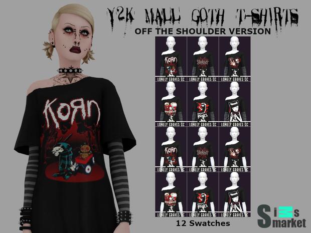 Y2K Mall Goth T-Shirts OFF THE SHOULDER VERSION для Симс 4. Скачать мод